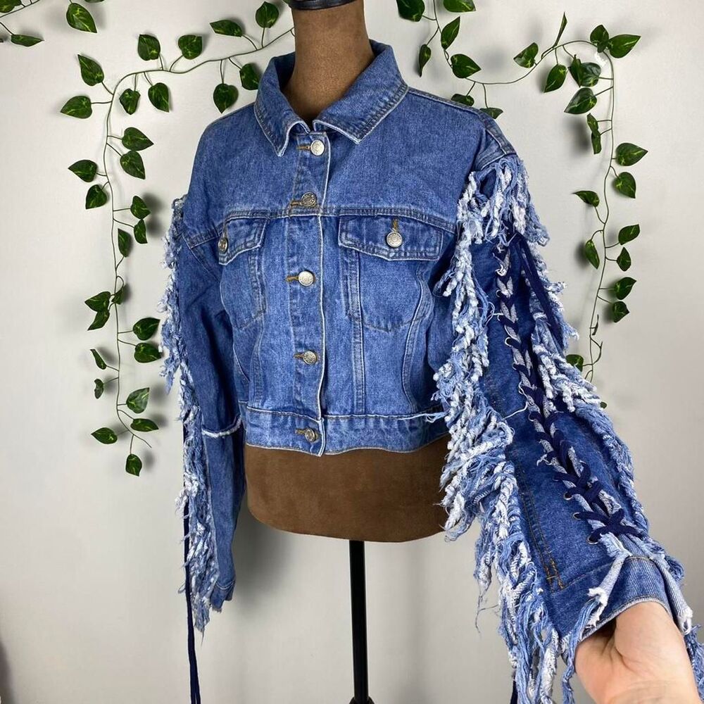 Azalea Wang Rinna lace up fringe denim jacket cropped 100% cotton western